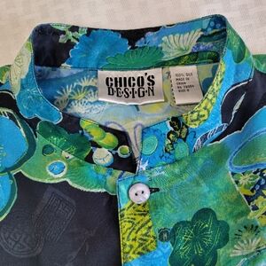 Chico's Design 100% Silk Tunic Blue Green Asian Floral Beaded Sleeve Size 2